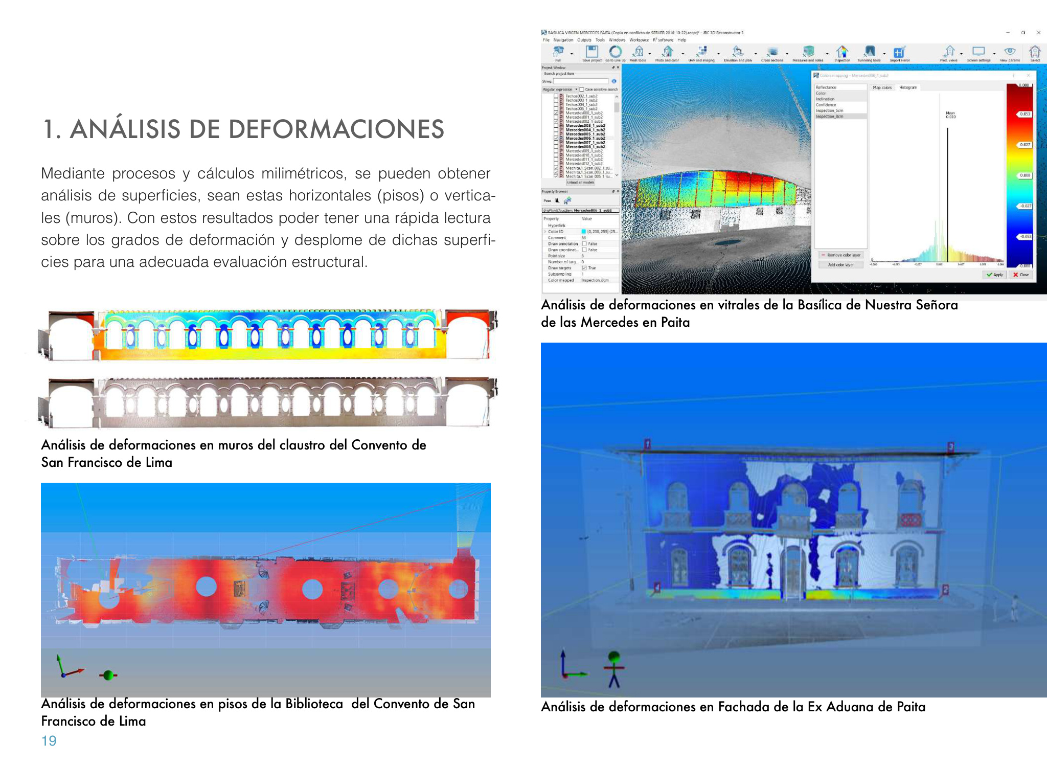 Análisis de deformaciones de superficies con escáner láser 3D — mapas de color indican grados de deformación en muros y pisos