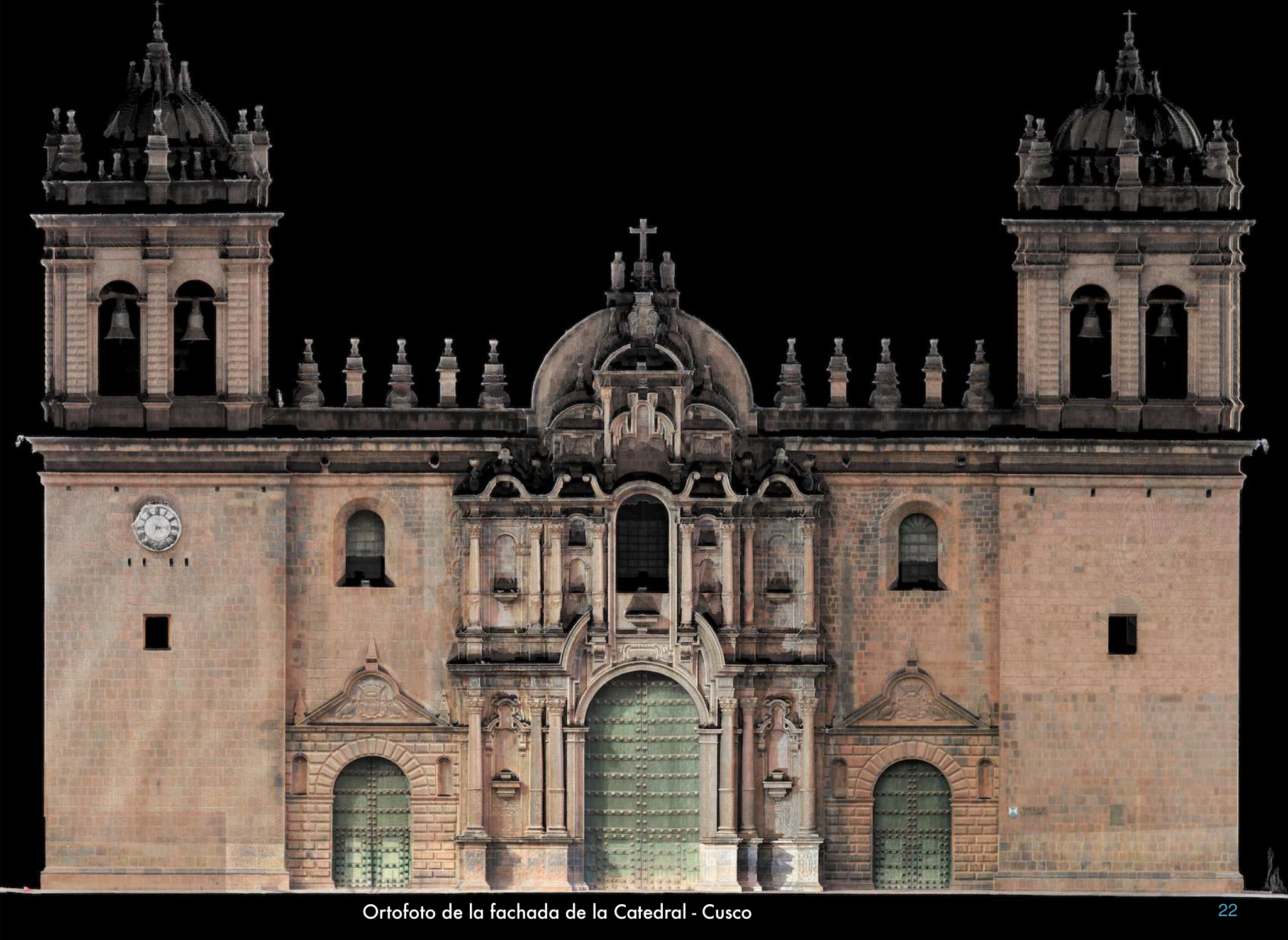 Ortofoto a escala de la fachada de la Catedral del Cusco — generada a partir de nube de puntos láser 3D — RESTAURO SAC