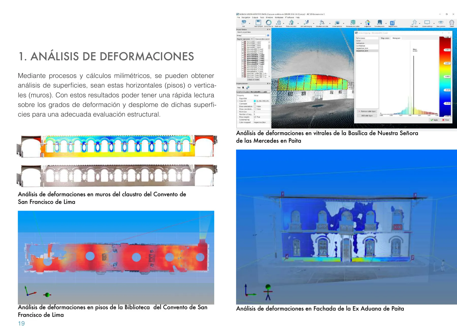 Análisis de deformaciones de superficies con escáner láser 3D — mapas de color indican grados de deformación en muros y pisos
