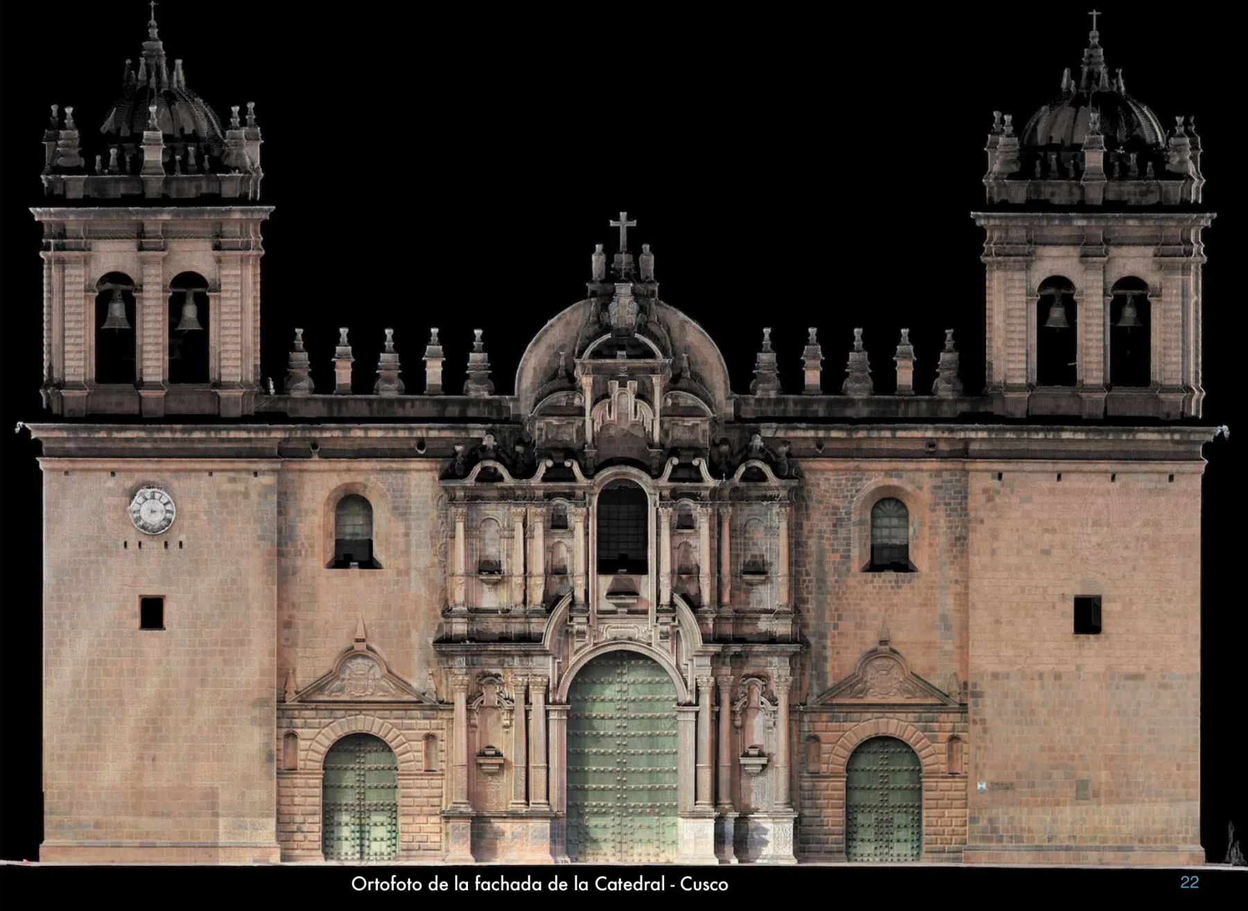 Ortofoto a escala de la fachada de la Catedral del Cusco — generada a partir de nube de puntos láser 3D — RESTAURO SAC
