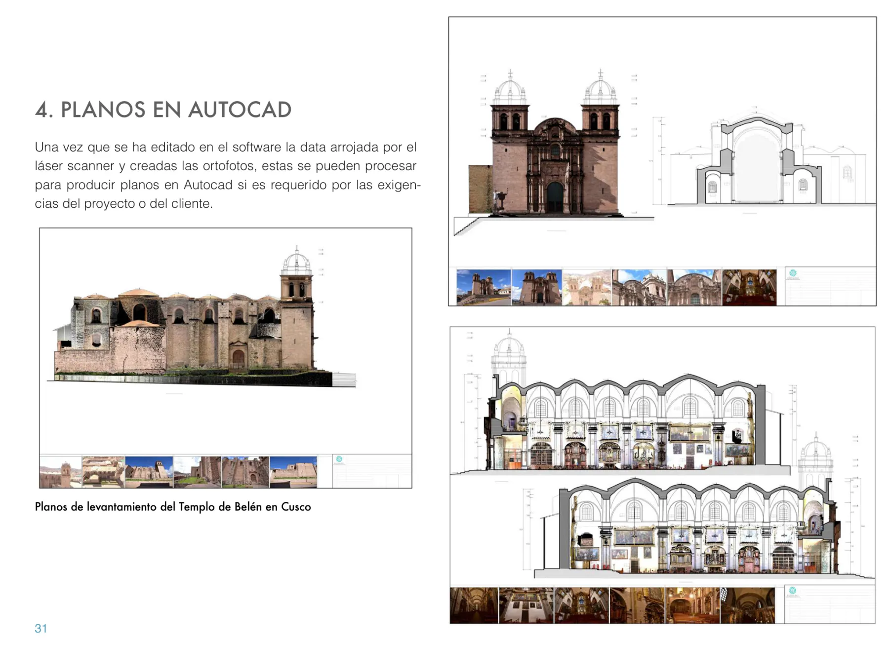 Planos en AutoCAD del Templo de Belén, Cusco — fachada y secciones generados a partir de nube de puntos láser 3D
